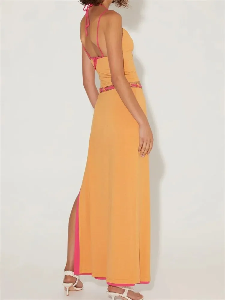 Spaghetti Strap Halter Camisole Split Long Skirt Suit