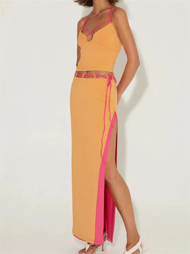 Spaghetti Strap Halter Camisole Split Long Skirt Suit
