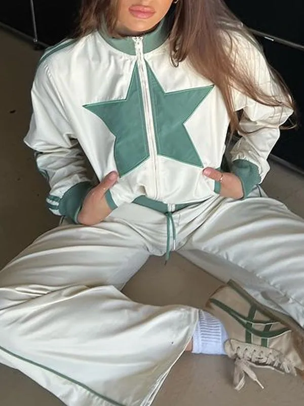 Star Band Collar Rib Knit Cuffs Two Piece Set