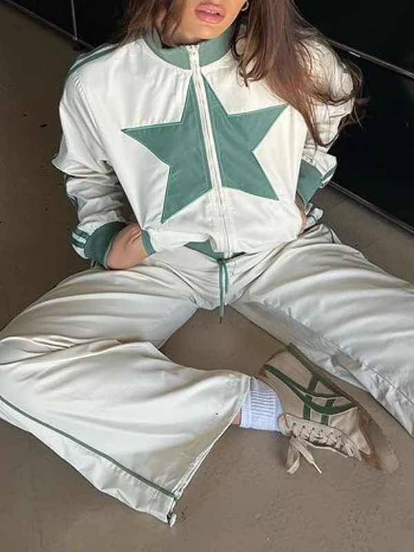 Star Band Collar Rib Knit Cuffs Two Piece Set