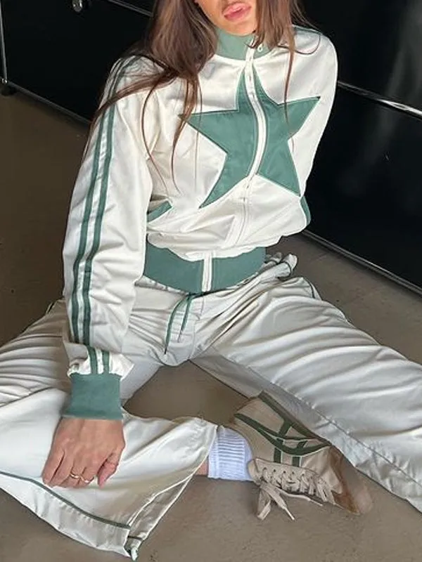 Star Band Collar Rib Knit Cuffs Two Piece Set