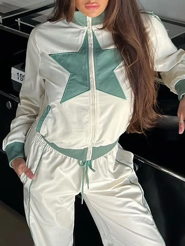 Star Band Collar Rib Knit Cuffs Two Piece Set