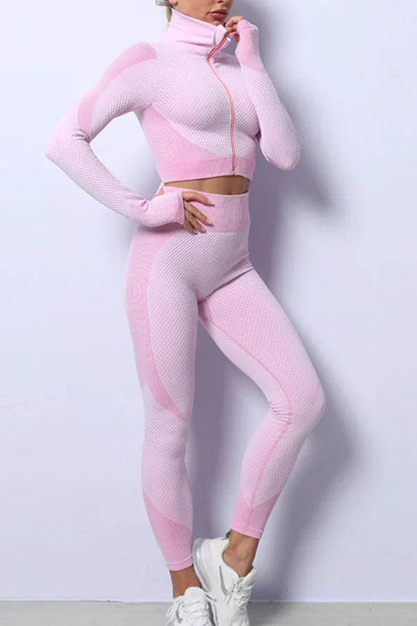 Striped Sporty Stand-Up Collar Yoga Pants Suit