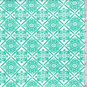 White/Spring Green Medallion Lattice Crinkled Gauze Fabric