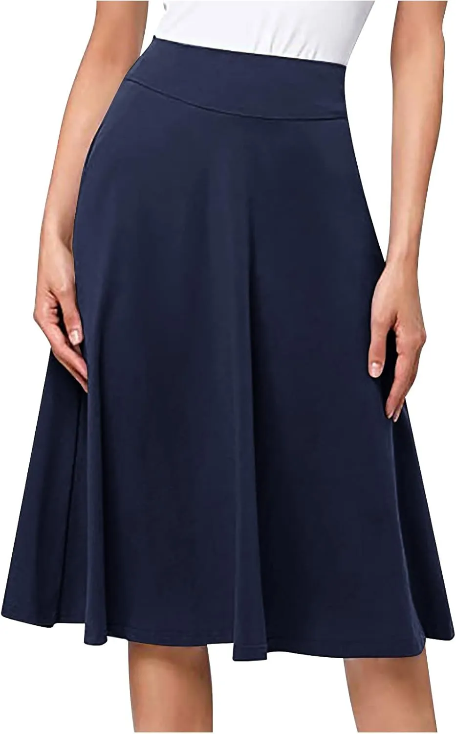 Women High Waist A-Line Skirts Summer Casual Knee Length Flowy Flared Skirts Elegant Comfy Solid Versatile Skirt