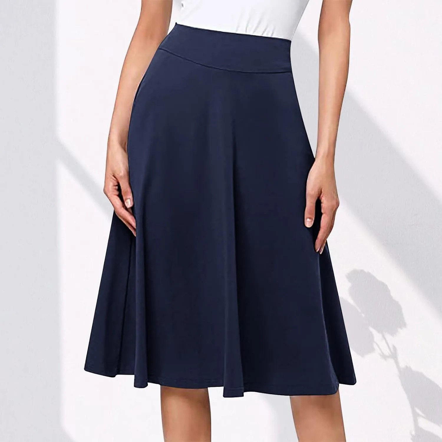 Women High Waist A-Line Skirts Summer Casual Knee Length Flowy Flared Skirts Elegant Comfy Solid Versatile Skirt