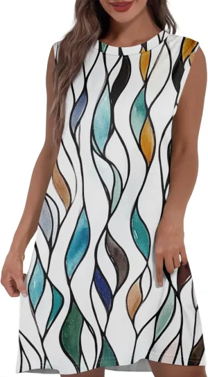 Womens Casual Loose Beach Pockets Dress Printed Crew Neck Sleeveless Sundress Vacation 2025 Summer Mini Dresses
