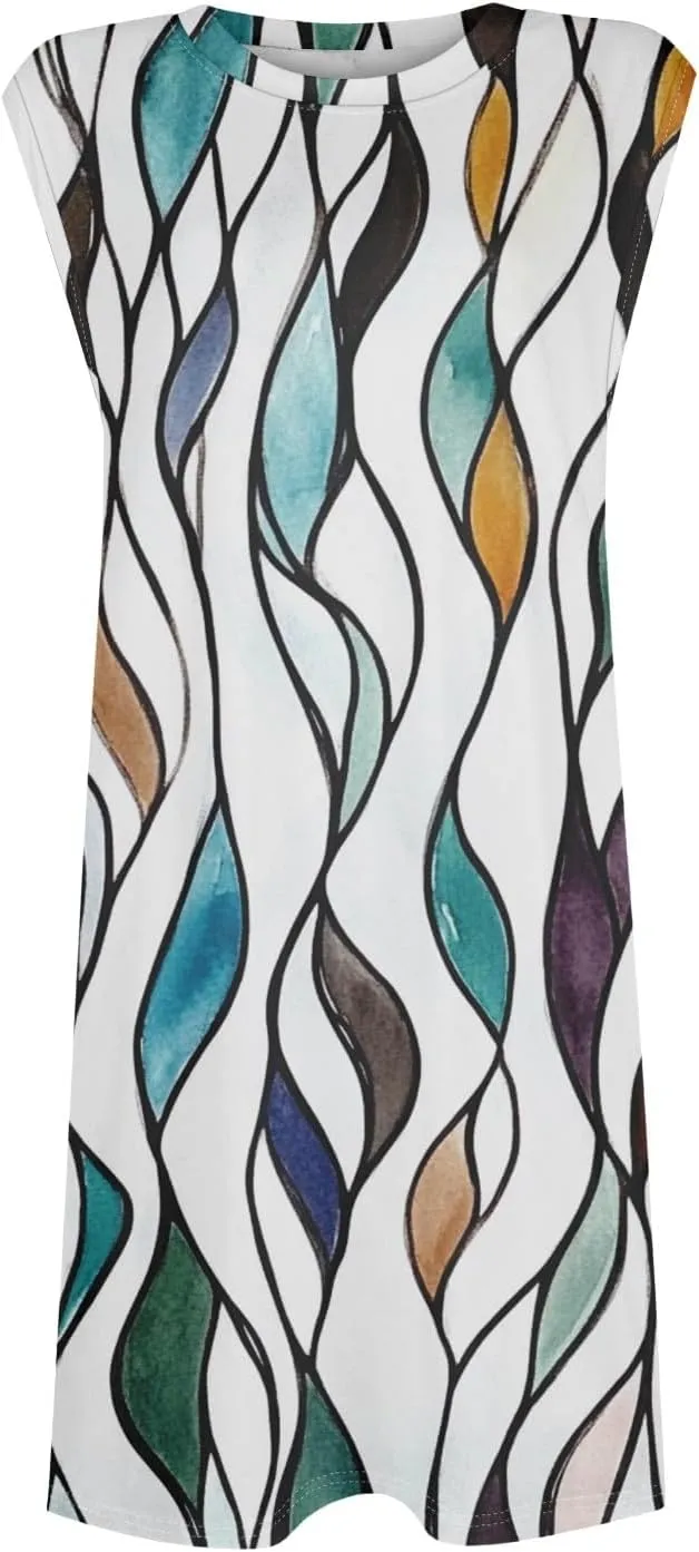 Womens Casual Loose Beach Pockets Dress Printed Crew Neck Sleeveless Sundress Vacation 2025 Summer Mini Dresses