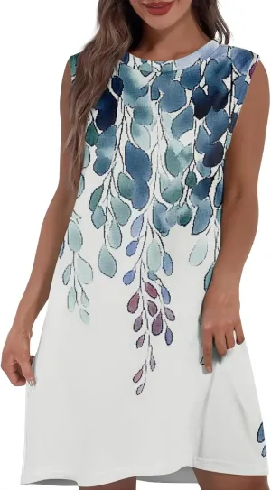 Womens Casual Loose Beach Pockets Dress Printed Crew Neck Sleeveless Sundress Vacation 2025 Summer Mini Dresses