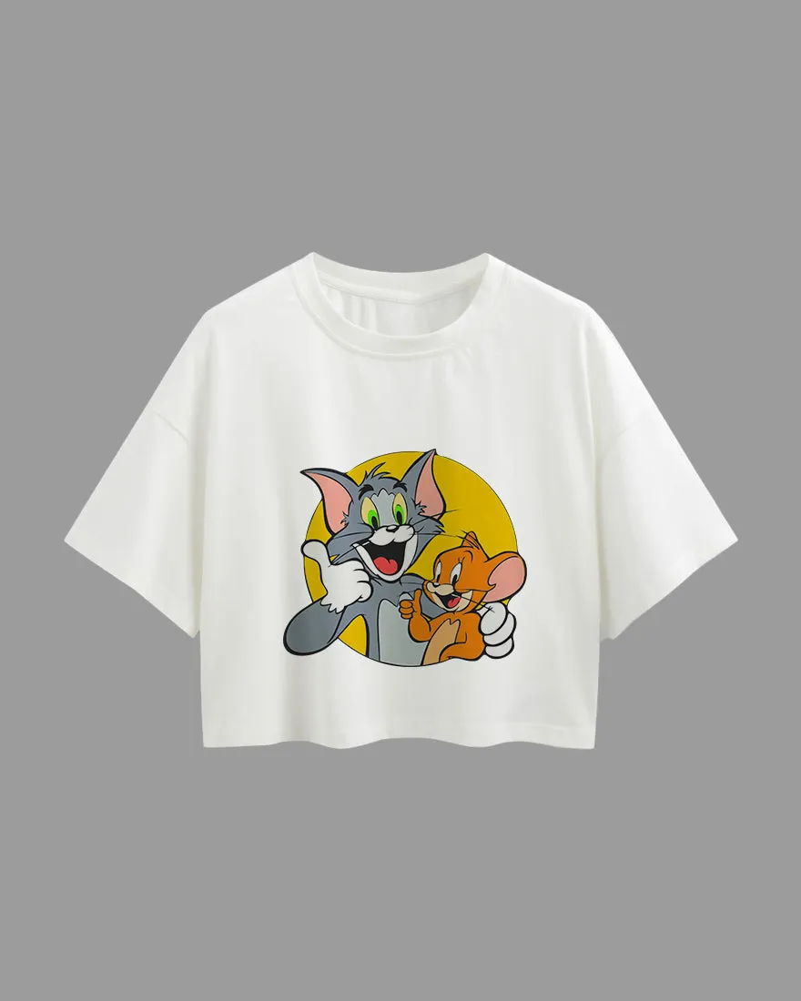 Womens Oversized Cropped TShirt Cartoon Tom And Jerry